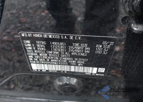 2022 Honda Hr-V 2Wd Ex from USA, damaged, VIN 3CZRU5H58NM742055